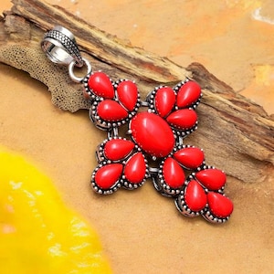 Red Coral Cross Pendant in 925 Sterling Silver | Natural Gemstone Jewelry | Healing Crystal Necklace | Handmade Religious Gift