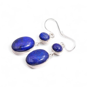 Lapis Lazuli Earrings in 925 Sterling Silver – Natural Gemstone Oval & Round Dangle, Handmade Boho Jewelry Gift for Her