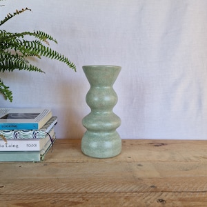 May include: A pale green ceramic vase with a distinctive hourglass form. The vase has a speckled finish and is placed on a wooden surface. Books and a fern are visible in the background.