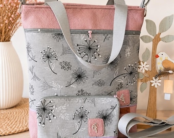 Handgemachte Tasche mit passender Kosmetiktasche – Pusteblumen & Altrosa