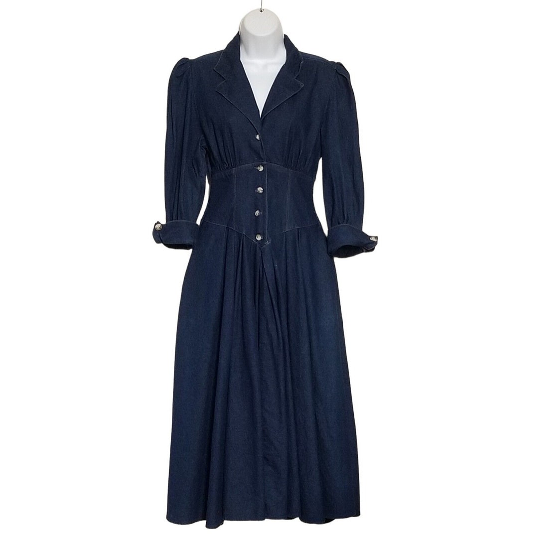 Vintage 90s Denim Dress XS Midi Button Front Cuff Sleeve Fit Etsy