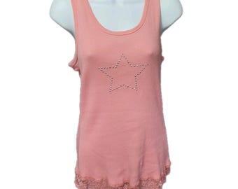 Vintage 90s Y2K Jody Ribbed Camisole Tank Top XL Pink Lace Trim Studded Star USA