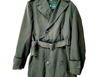 Vintage US Army 38XL Trench Coat AG-44 Wool Gabardine Pembrooke Military Green