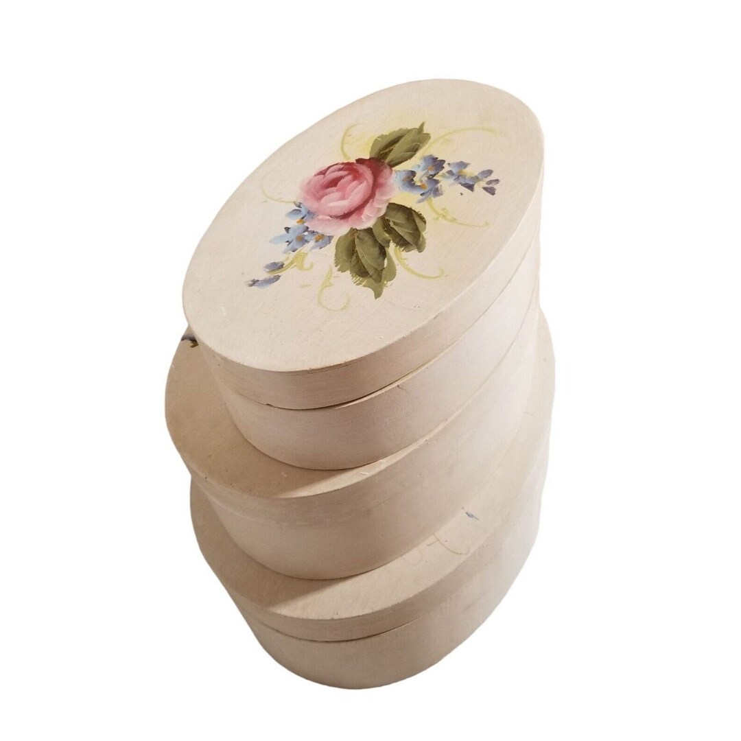 Vintage Hand Painted Oval Wooden Shaker Style Storage Gift Nesting