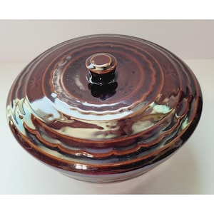 Marcrest Stoneware Daisy Dot Oven Proof Bean Pot Brown 1950s MCM Crock with Lid