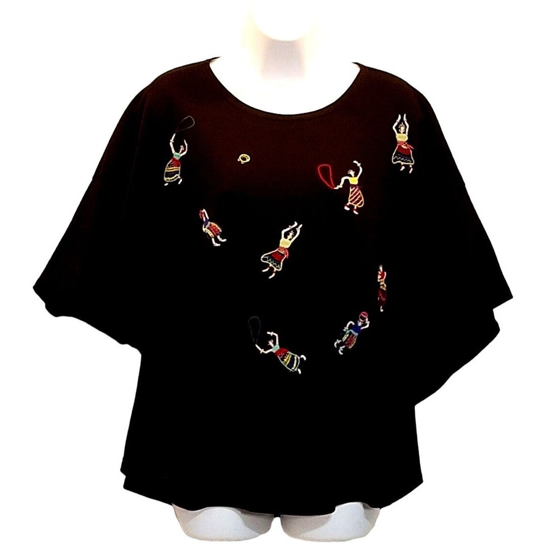 Vintage Womens Knit Top Blouse XL Black Embroidered Natives Batwing