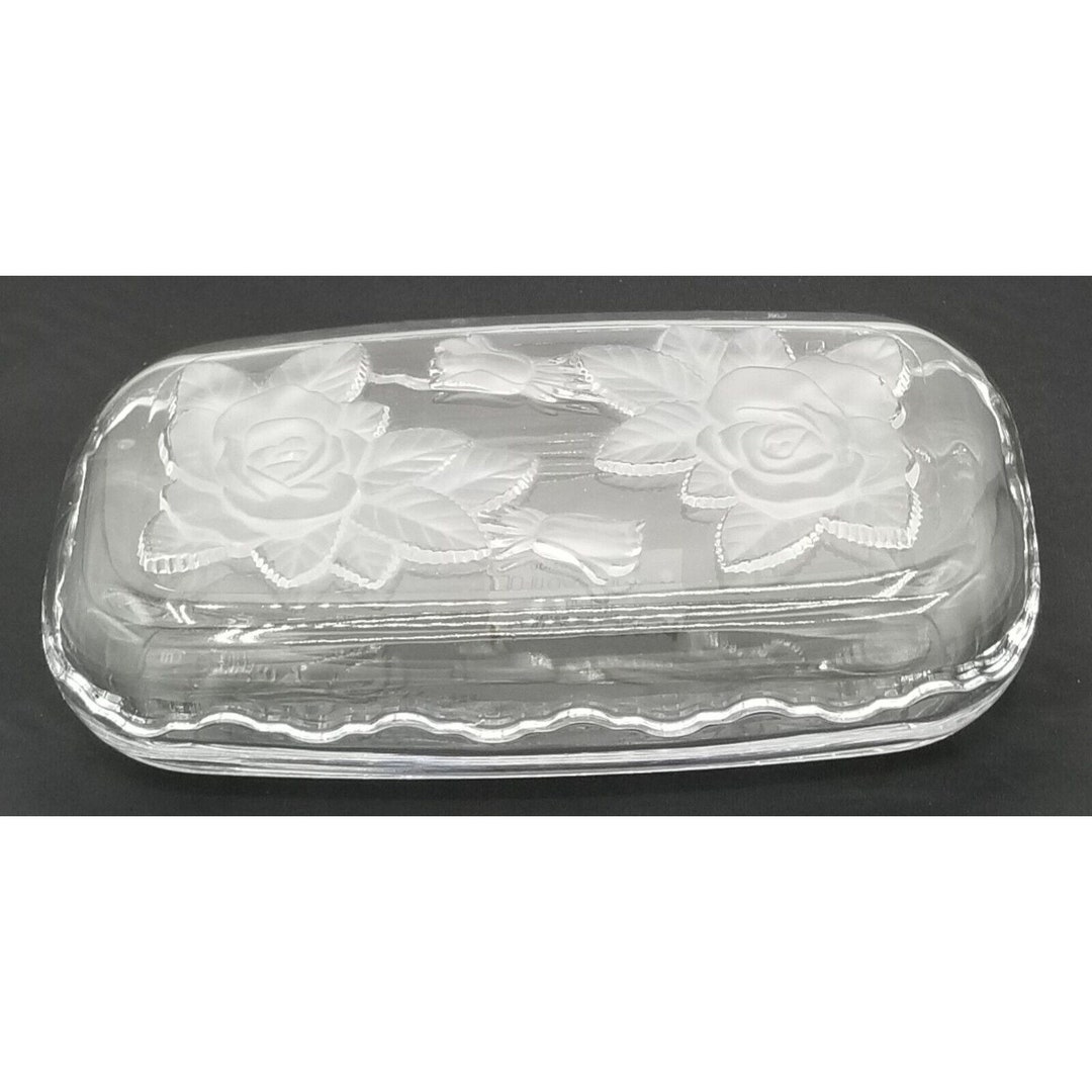 Home Beautiful Crystal Glass Rectangular Dish Frosted Roses Lid Trinket ...