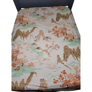Vintage Asian-Inspired Full Flat Fitted Sheets Set With Scenic Mountain & Tree Print Beige/Orange/Green