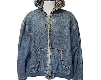 Vintage LEE Denim Workwear Jacket Sz XXL Full Zip Drawstring Hood Flannel Lined