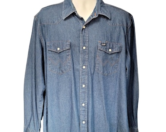 VTG Wrangler Shirt Men XL Denim Pearl Snap Long Sleeve Western Cowboy Work