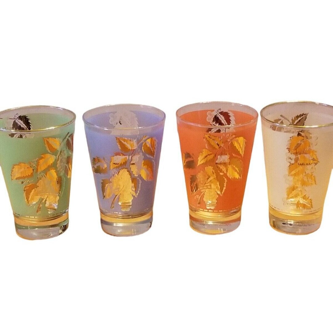 Vintage Set of 4 Midcentury Libbey Frosted Gold Leaf 4 Ounce Juice