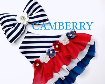 Navy blue stripe  blue chambray  4th of July summer bandana for cats and dogs. Red white blue chiffon ruffles  Sequin flowers  Summer style