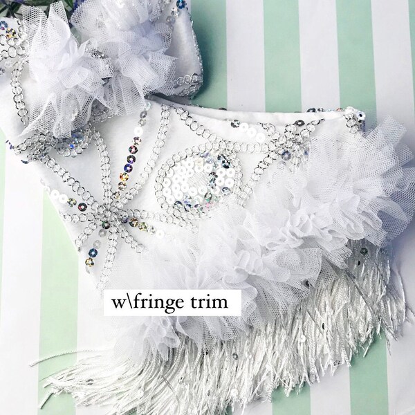 White sequin bandana w/ mesh ruffle trim , fringe, matching hair bow, cat/dog bandana