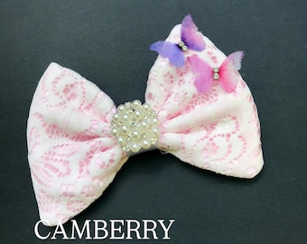 Cat/Dog  bow 4”-5” Pink cotton x Summer white lace hair bow Rhinestones and pearls embellishment  clip or elastic cord
