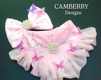Cat/Dog Bandana Pink flower and mini butterfly bandana Pink tulle Ruffle trim Pearl/Rhinestone Curved neck