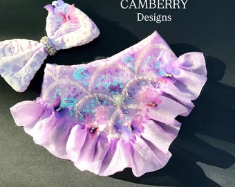 Cat/Dog Bandana Lavender tulle and mini butterfly bandana Lavender Ruffle trim Teardrop purple Rhinestones Curved neck