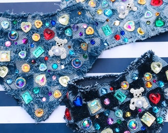 Cat/dog bandana Blue denim fringe denim gems rhinestone bear