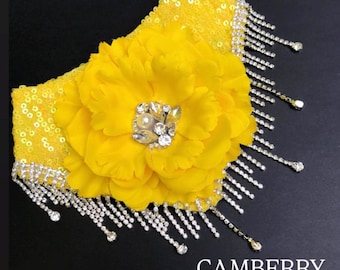 Cat/Dog bandana Yellow sequins Big yellow flower Rhinestone trim  Curved neck