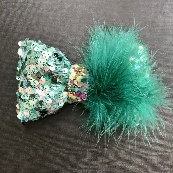 Sea Green Sequin Dog Hair Bow with Rhinestones Feathers  Clip or Elastic band