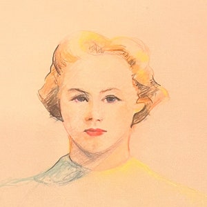Vintage Original Portrait from the 1950s, Charcoal on Paper, Vivid One of a Kind Drawing