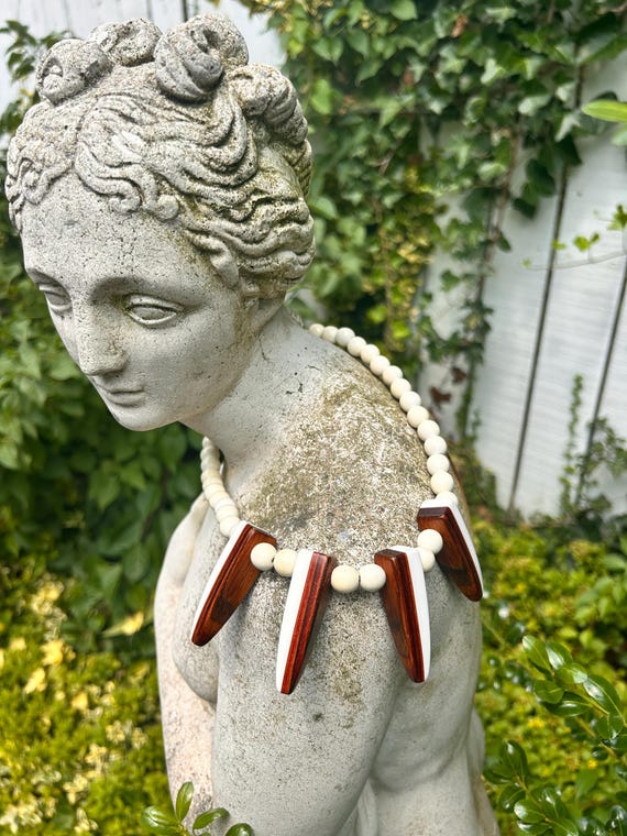 Vintage Wood Inlay Bib Necklace: Geometric Boho S… - image 1