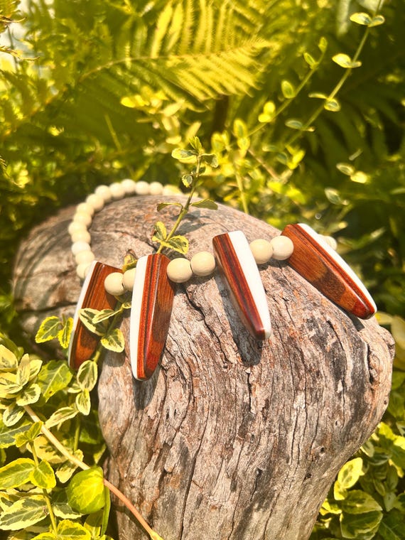 Vintage Wood Inlay Bib Necklace: Geometric Boho S… - image 4