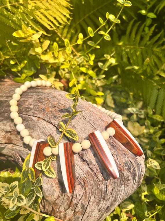 Vintage Wood Inlay Bib Necklace: Geometric Boho S… - image 10