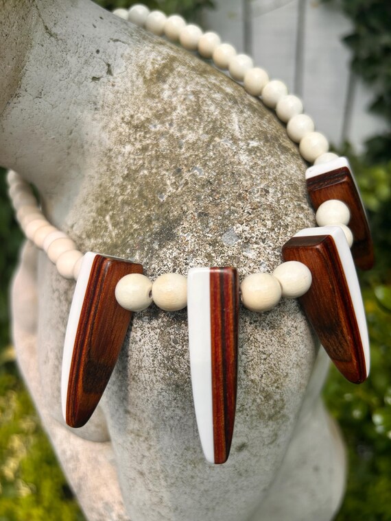 Vintage Wood Inlay Bib Necklace: Geometric Boho S… - image 6