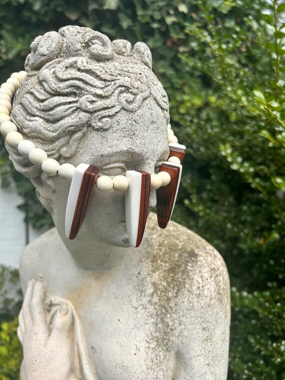 Vintage Wood Inlay Bib Necklace: Geometric Boho S… - image 5