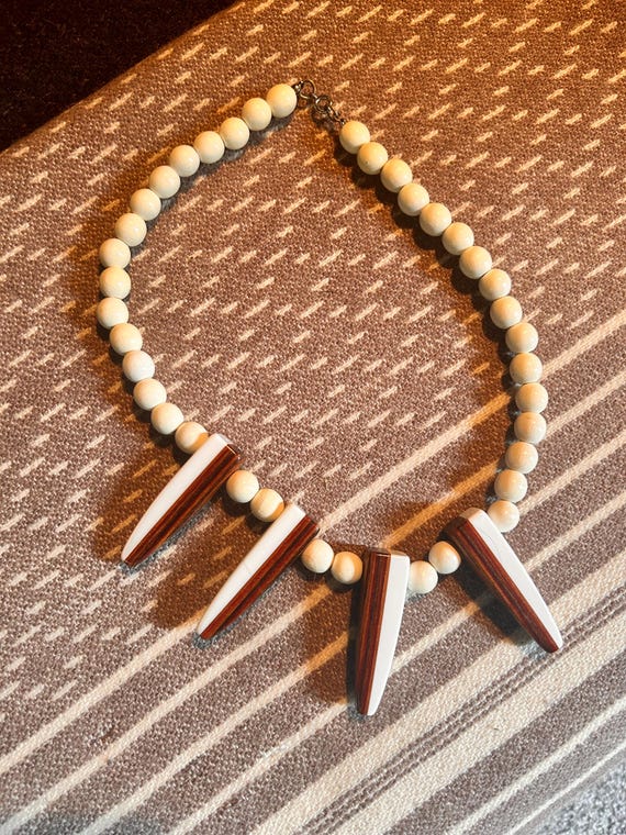 Vintage Wood Inlay Bib Necklace: Geometric Boho S… - image 3