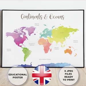 KONTINENTE UND OZEANE Poster – Weltkarte – Pädagogische Druckversion – Lernressourcen – Klassenzimmer-Wandkunst – druckbares Poster – Kinderzimmer