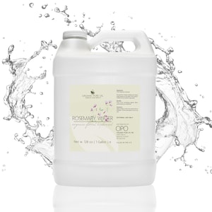 May include: A white plastic gallon jug of rosemary water. The label reads "Rosemary Water, organic floral hydrosol, Net w. 128 oz (1 Gallon) e, Distributed by OPO, Organic Pure Oil, Inc."