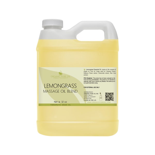 Lemongrass Massage Oil Blend - 100% Organic Sourced Essential Oil Mixture Jojoba Argan Emu Oil Bulk Wholesale Non GMO Hair Skin Body 32 oz