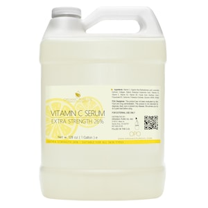 May include: A gallon jug of Organic Pure Oil Vitamin C Serum Extra Strength 26% suitable for all skin types. The jug is clear and has a white label with a lemon graphic. The label also includes the product name, strength, size, and ingredients.