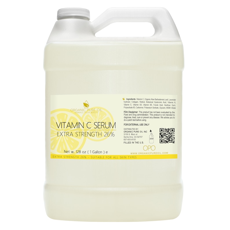 May include: A gallon jug of Organic Pure Oil Vitamin C Serum Extra Strength 26% suitable for all skin types. The jug is clear and has a white label with a lemon graphic. The label also includes the product name, strength, size, and ingredients.