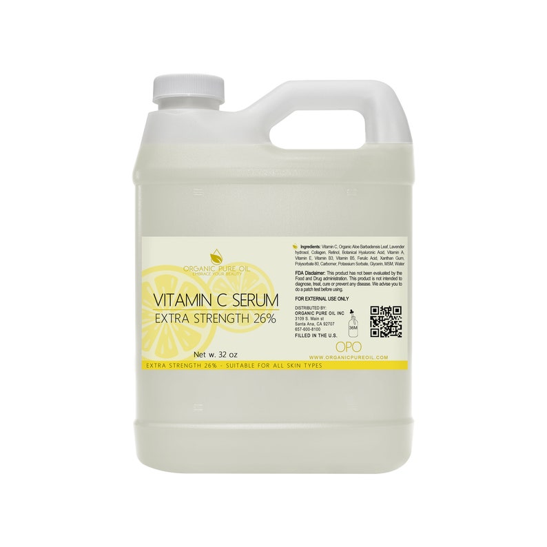 May include: A clear plastic bottle with a white label that says "Organic Pure Oil" and "Vitamin C Serum Extra Strength 26%". The bottle is 32 fluid ounces and is suitable for all skin types.