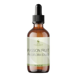 May include: A brown glass bottle with a dropper top filled with passion fruit oil. The label is white with green text that reads "Passion Fruit Passiflora Edulis" and "Organic Pure Oil". The bottle contains 4 ounces of oil.