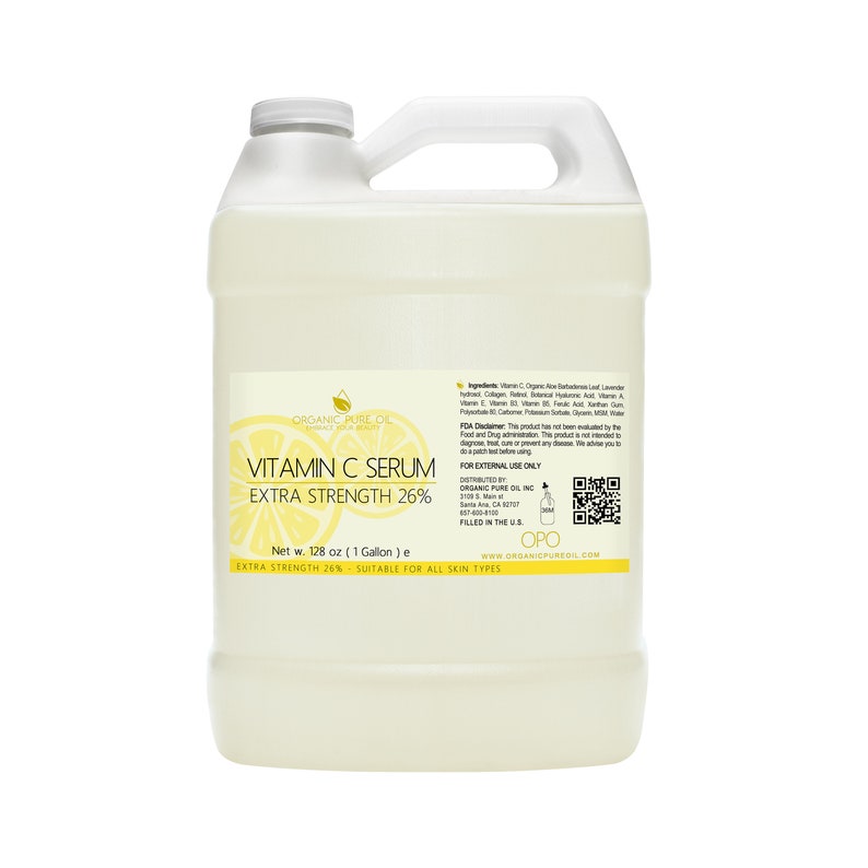 May include: A gallon jug of clear liquid labelled "Organic Pure Oil Vitamin C Serum Extra Strength 26%". The label also includes a lemon graphic and the text "Net w. 128 oz (1 Gallon) e Extra Strength 26% Suitable for all skin types".