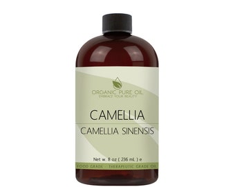 Huile de graines de camélia | 100 % pur, non raffiné, pressé à froid, sans OGM, végétalien d'origine biologique, 226,8 g, pour la peau, les cheveux, les ongles, soins du visage, qualité cosmétique.