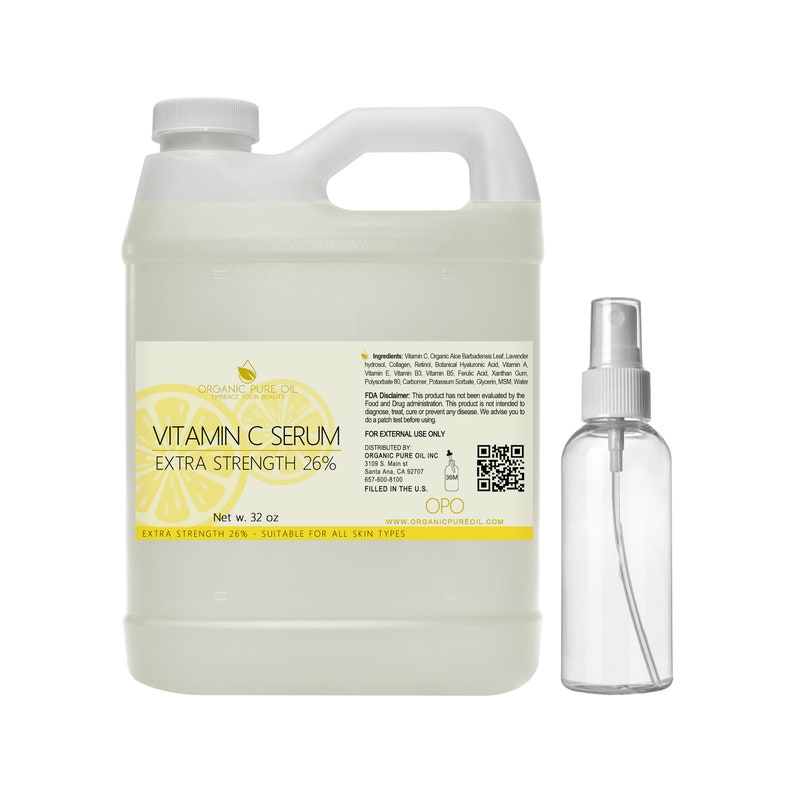 May include: A clear plastic bottle with a white label that reads "Vitamin C Serum Extra Strength 26%". The bottle is filled with a clear liquid and has a lemon slice on the label. The bottle is next to a smaller clear plastic spray bottle.