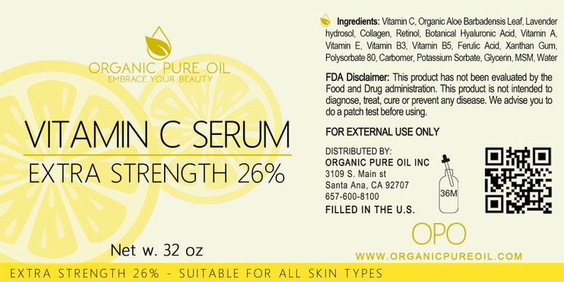 May include: A yellow and white label with the text "ORGANIC PURE OIL" and "EMBRACE YOUR BEAUTY" in a gold font. The label also features a lemon graphic and the text "VITAMIN C SERUM EXTRA STRENGTH 26%". The label also includes a QR code, a product description, and the text "Net w. 32 oz".