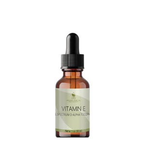 May include: A brown glass bottle with a dropper top, labeled "OPO Organic Pure Oil Vitamin E L Spectrum D-Alpha Tocopherol Net w. 1 oz (30 ml)"