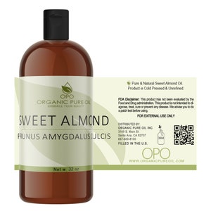 May include: A 32-ounce bottle of Organic Pure Oil Sweet Almond Oil, labeled with the brand name OPO and the botanical name Prunus Amygdalus Dulcis. The bottle is brown glass with a black cap and a green label. The label includes the text "Embrace Your Beauty" and a QR code.