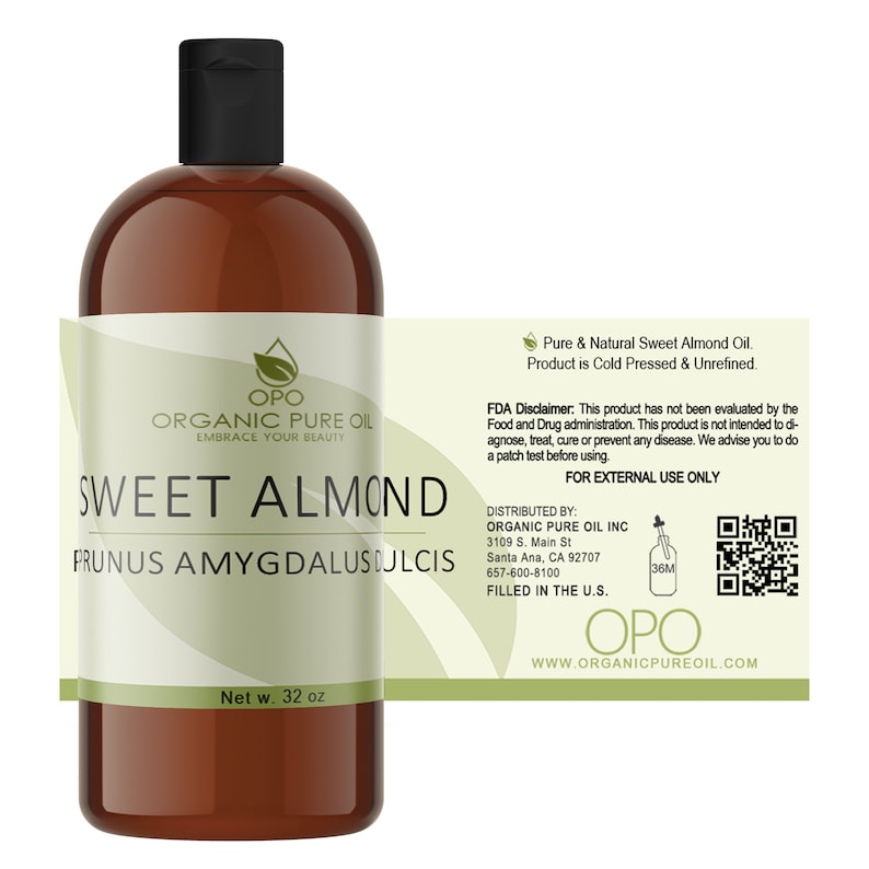 May include: A 32-ounce bottle of Organic Pure Oil Sweet Almond Oil, labeled with the brand name OPO and the botanical name Prunus Amygdalus Dulcis. The bottle is brown glass with a black cap and a green label. The label includes the text "Embrace Your Beauty" and a QR code.