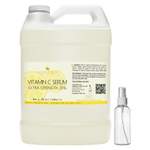 May include: A gallon jug and a small spray bottle of clear vitamin C serum. The label reads "Vitamin C Serum Extra Strength 26%" and "Suitable for all skin types".