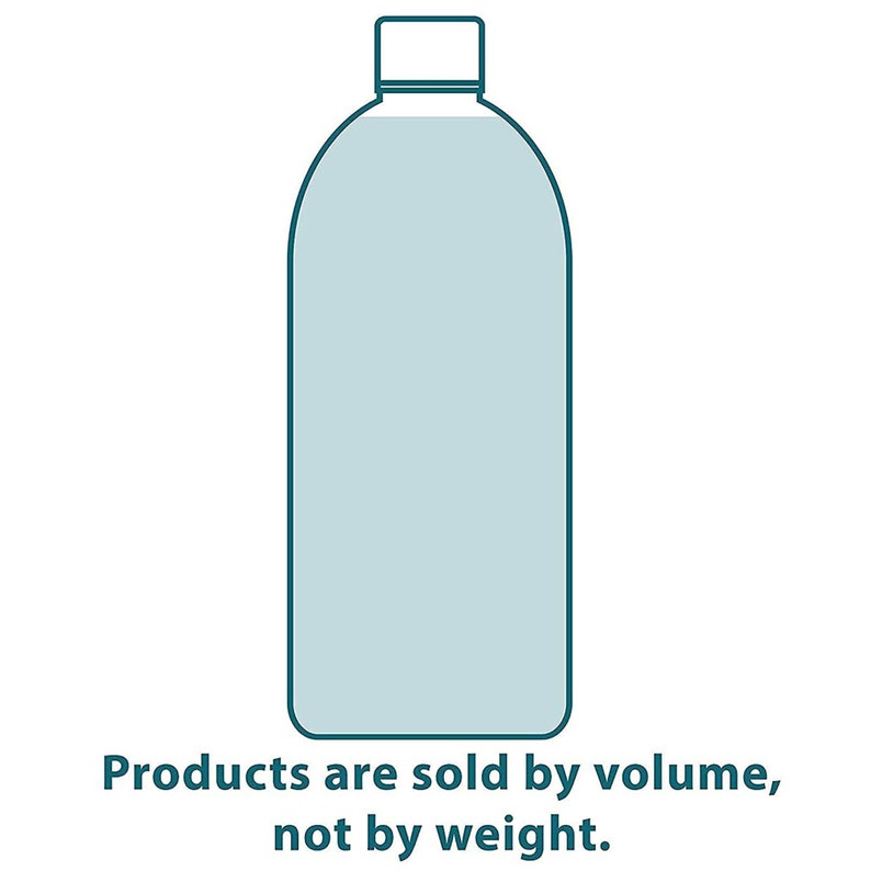 May include: A teal blue outline of a clear plastic bottle with a white cap. The text below the bottle reads "Products are sold by volume, not by weight."