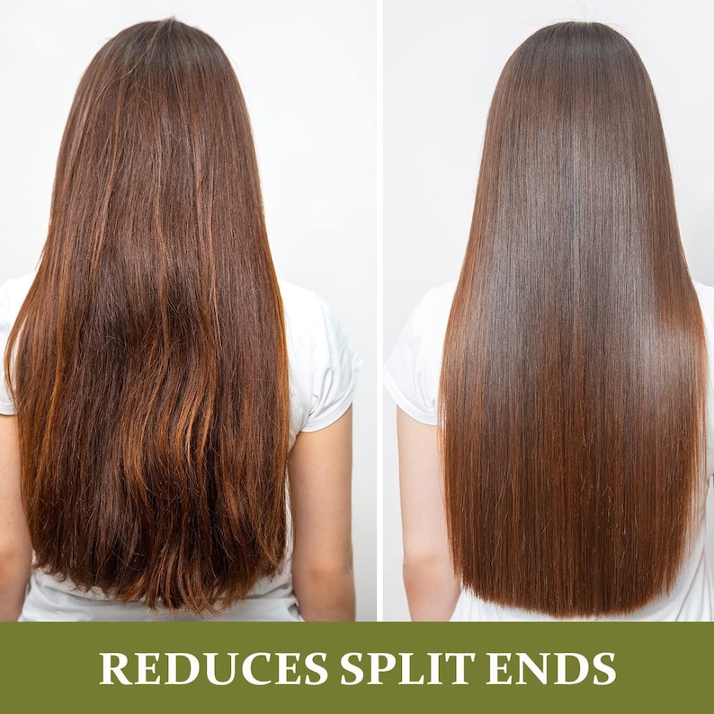 May include: Before and after image showing the effects of a hair treatment. The image on the left shows hair with split ends. The image on the right shows healthy, smooth hair. The text "REDUCES SPLIT ENDS" is displayed below the images.