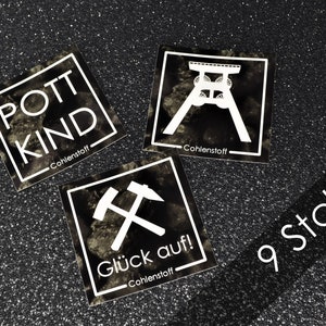 Sticker Set | 9 Stück || 7,4x7,4 cm Ruhrpott Aufkleber, Laptop Sticker, Förderturm, Pottkind, Glück auf, schwarz weiß, Outdoor Aufkleber