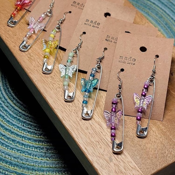 Safety Pin Earrings | Butterfly Earrings | Dangle Earrings | Beaded Earrings | Summer Earrings | Rave Earrings | Colorful Earrings