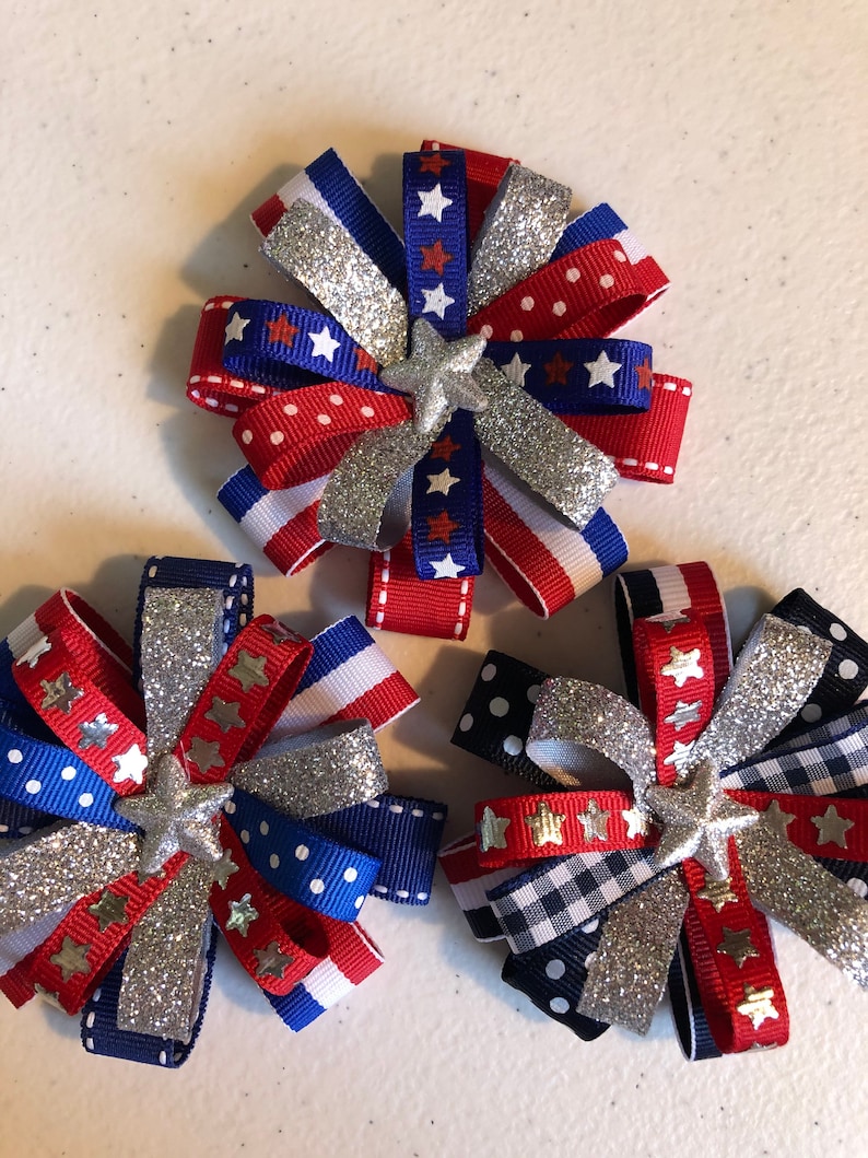 3 Patriotic Hair Bows // Silver Glitter Star Hair Bows Etsy